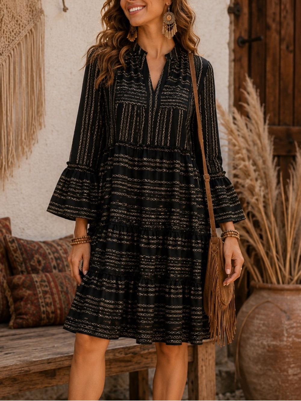 Elan black gold metallic tiered tunic dress three-quarter length flare medium d2